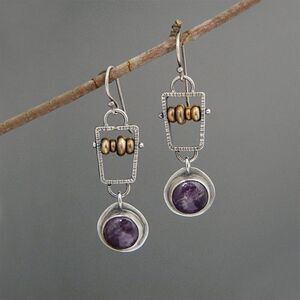 Silver Tone Faux Amethyst Purple Beaded Dangle Earrings Abacus Design Geometric
